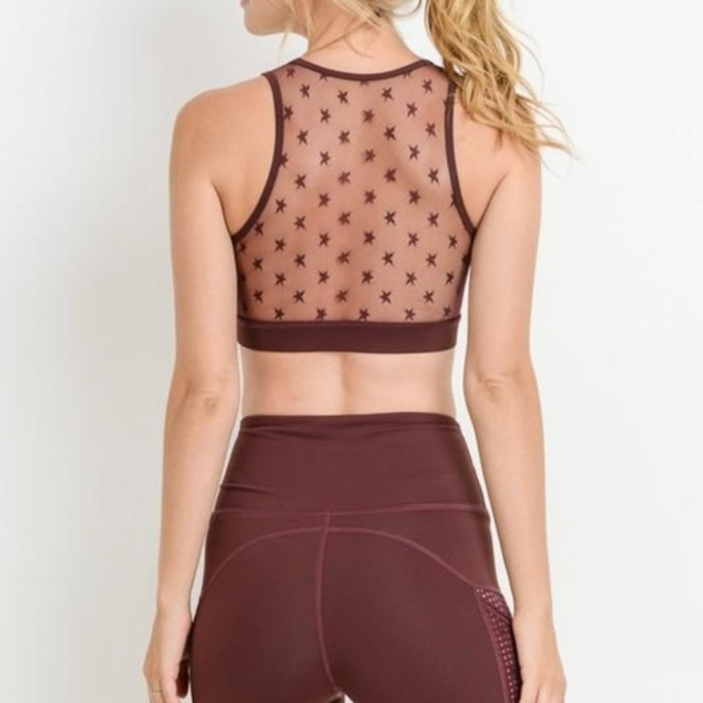 Burgundy Round Neck Star Mesh Sports Bra - Picture 8 of 8